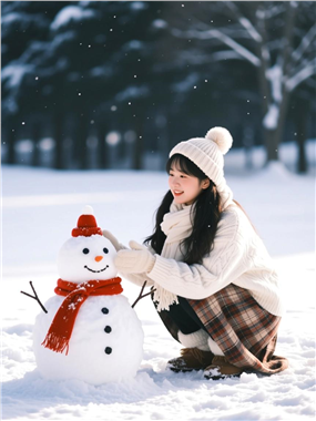 冬季雪地氛围感女孩堆雪人图片